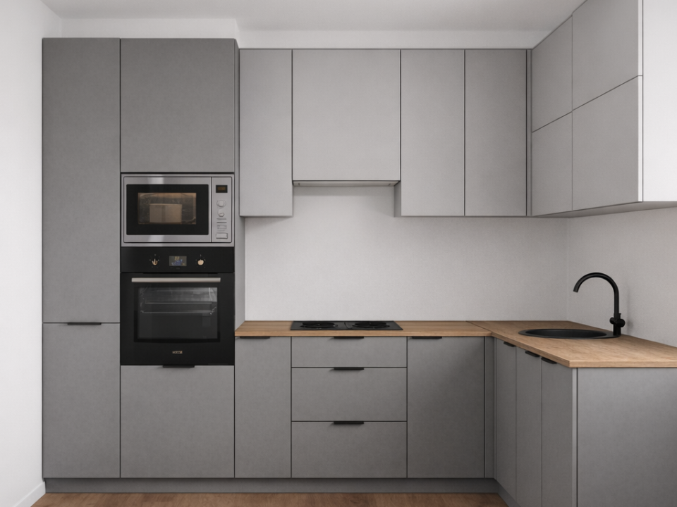 Угловая модульная кухня СмокГрей-3, 3*1.8 м, Серая, с доводчиками, под встроенную технику